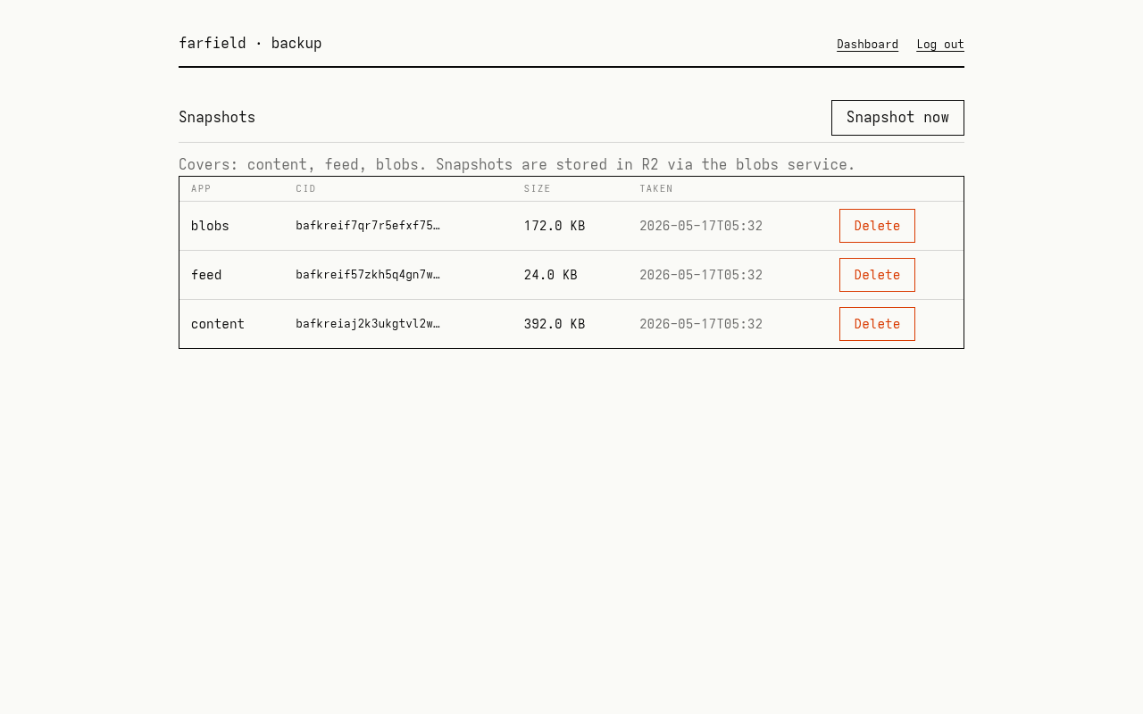 Screenshot of the Farfield backup UI