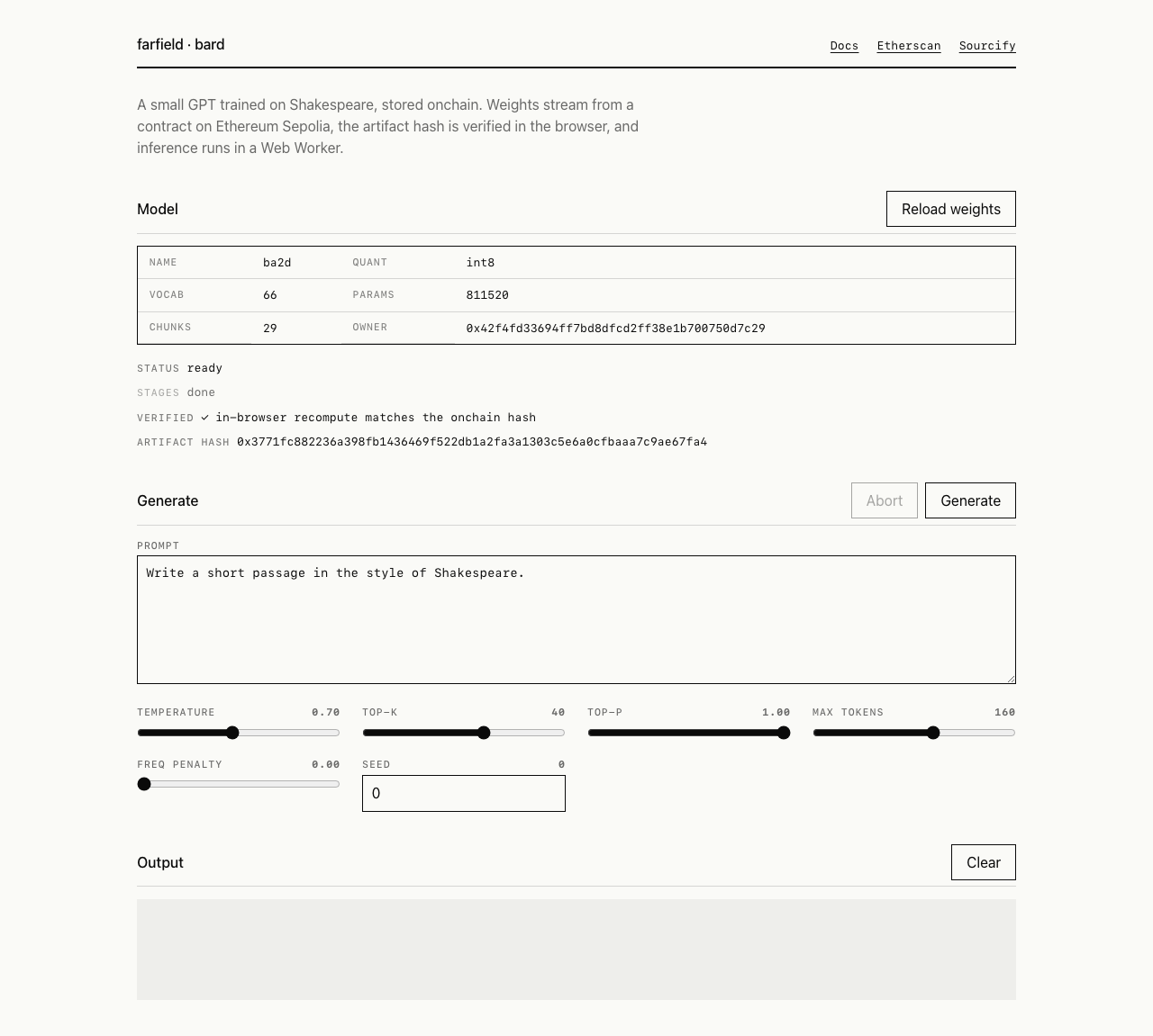 Screenshot of the bard onchain inference UI