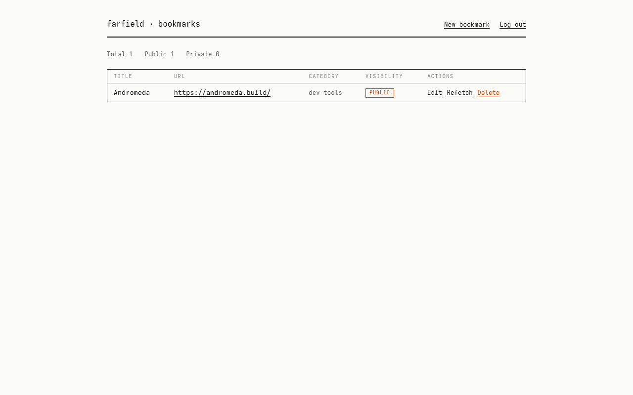 Screenshot of the Farfield bookmarks UI