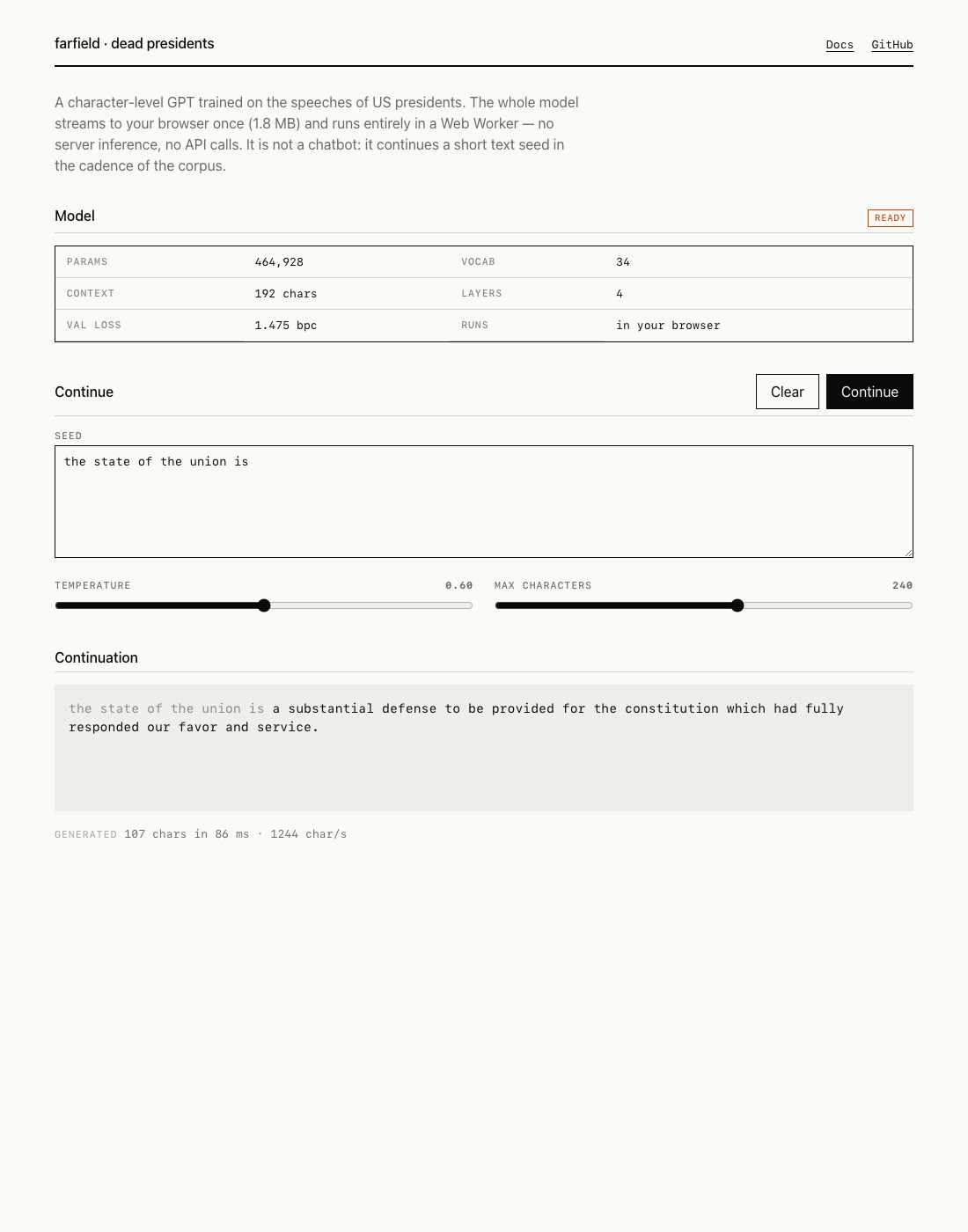 Screenshot of the dead presidents browser inference UI