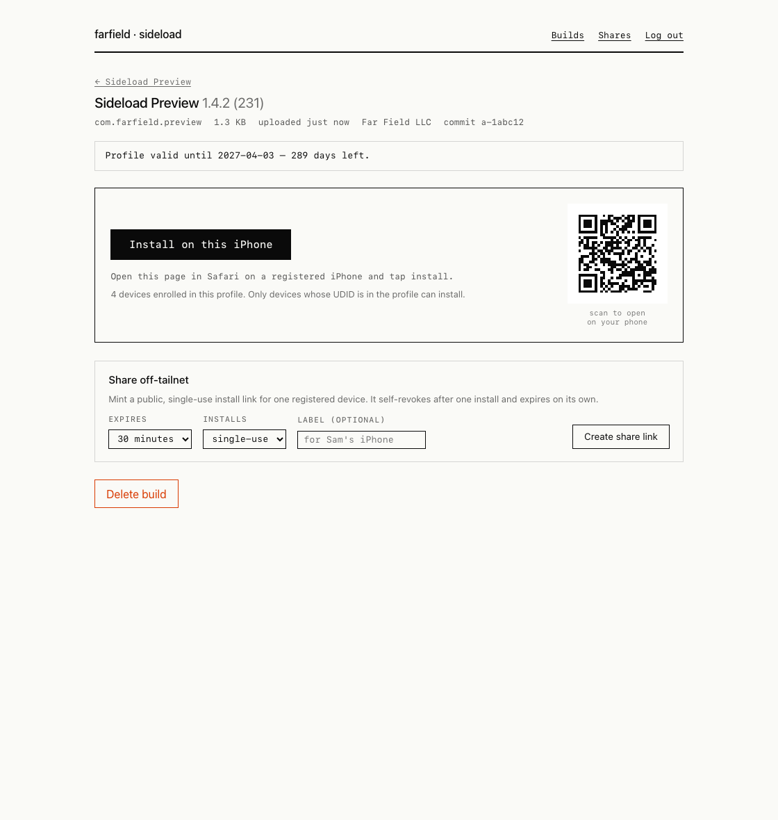 Screenshot of the Farfield sideload install page